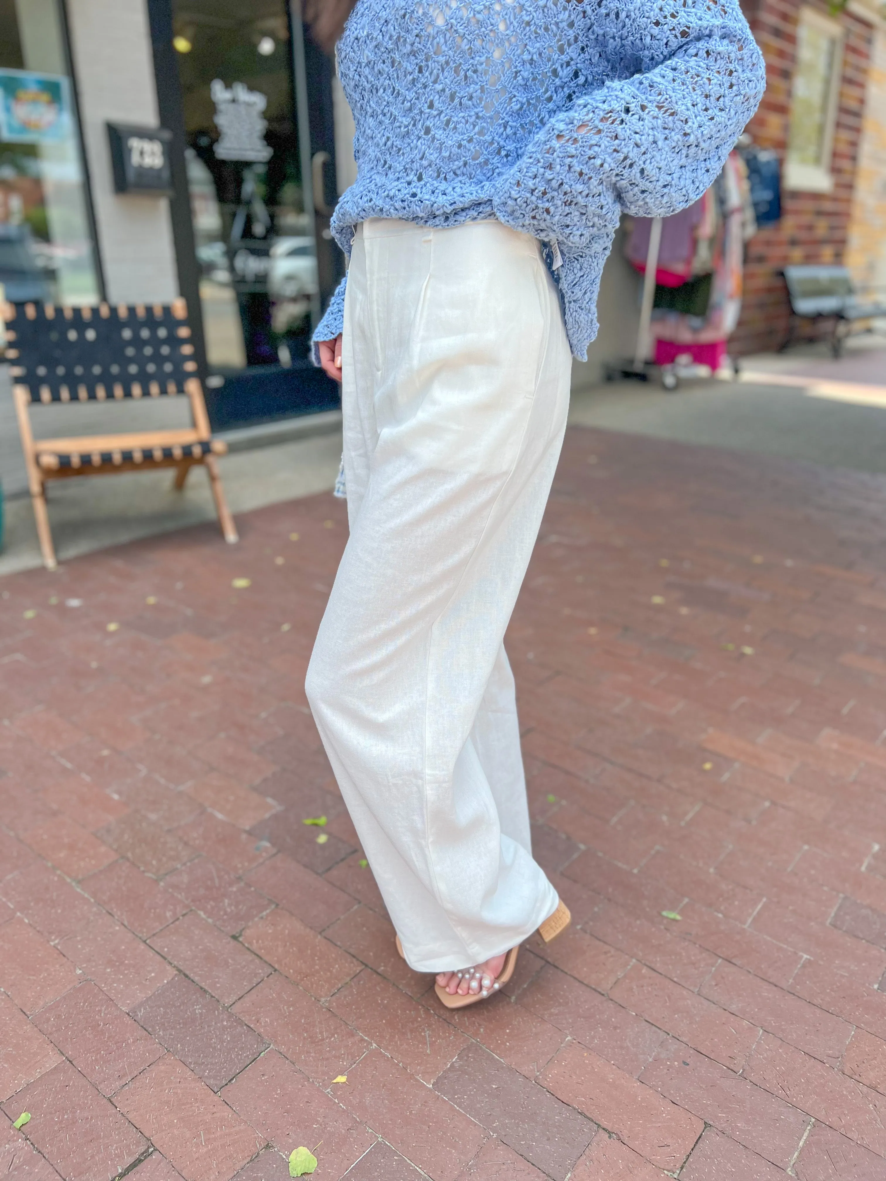 Ivory Linen Wide Leg Pintuck Pleat Pants