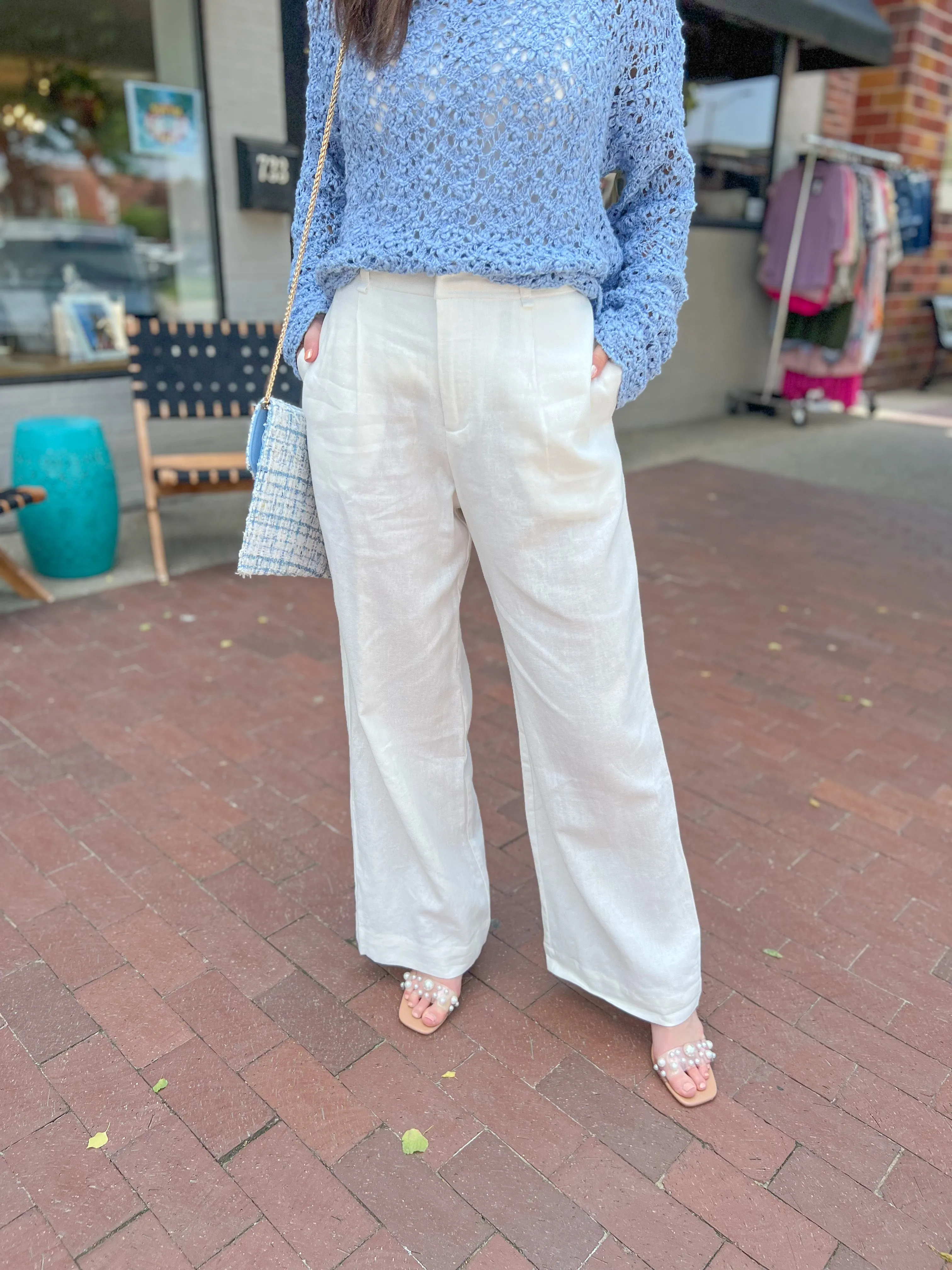 Ivory Linen Wide Leg Pintuck Pleat Pants