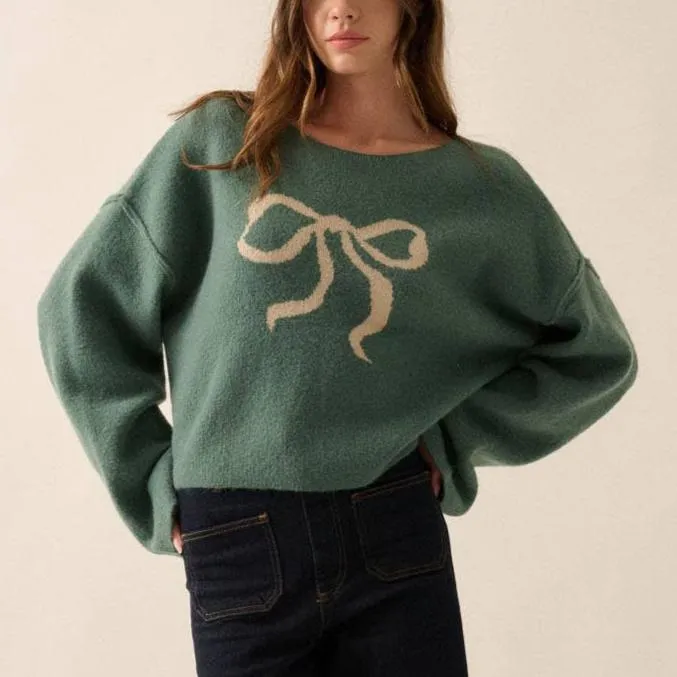 Joelle Solid Contrasting Bow Knit Sweater