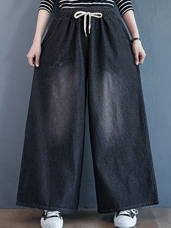 Loose Wide-Leg Drawstring Jean Pants