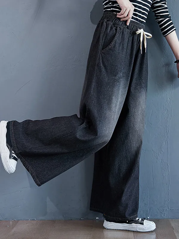 Loose Wide-Leg Drawstring Jean Pants