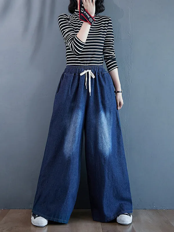 Loose Wide-Leg Drawstring Jean Pants