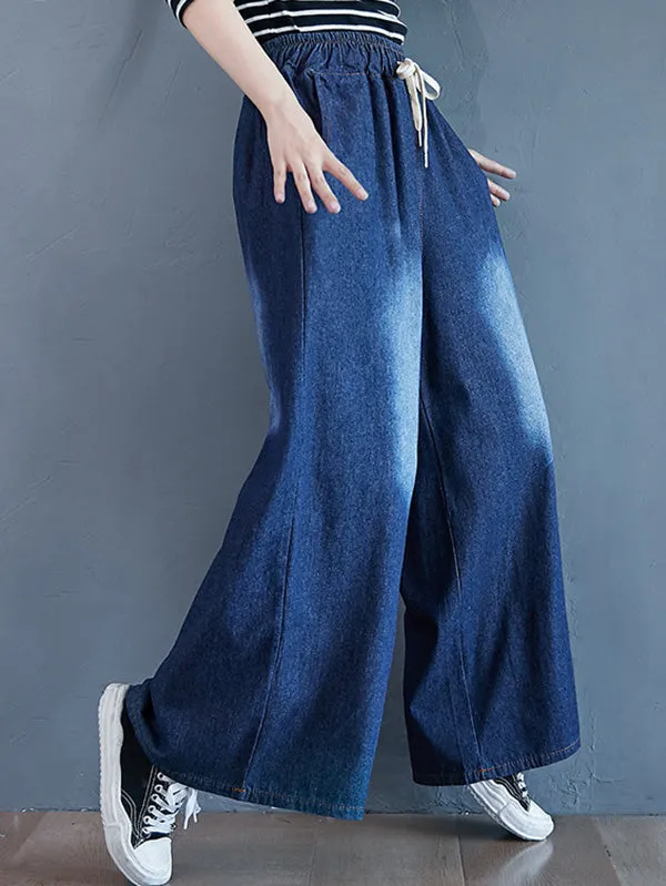 Loose Wide-Leg Drawstring Jean Pants