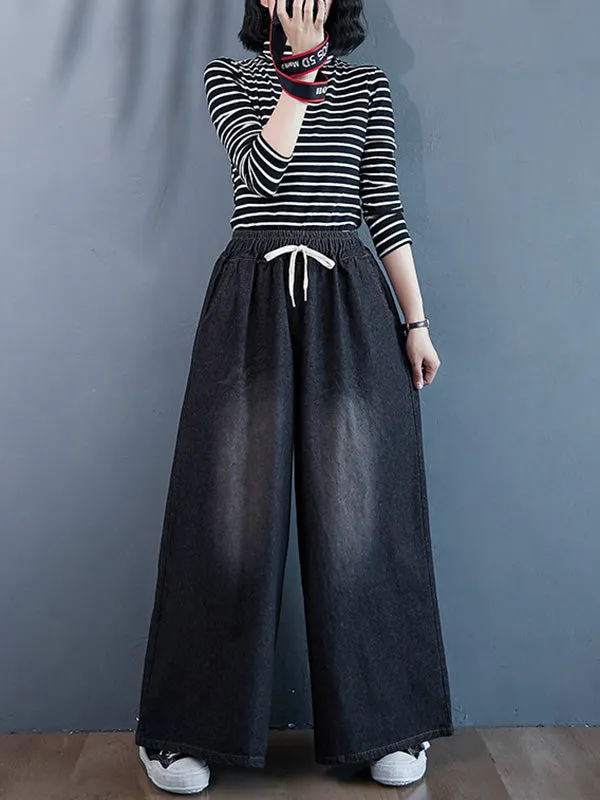 Loose Wide-Leg Drawstring Jean Pants