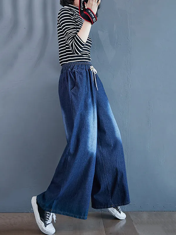 Loose Wide-Leg Drawstring Jean Pants