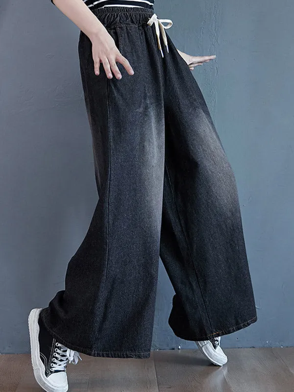 Loose Wide-Leg Drawstring Jean Pants