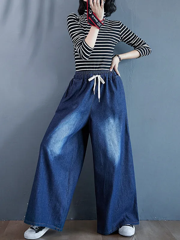 Loose Wide-Leg Drawstring Jean Pants