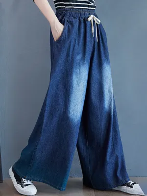 Loose Wide-Leg Drawstring Jean Pants