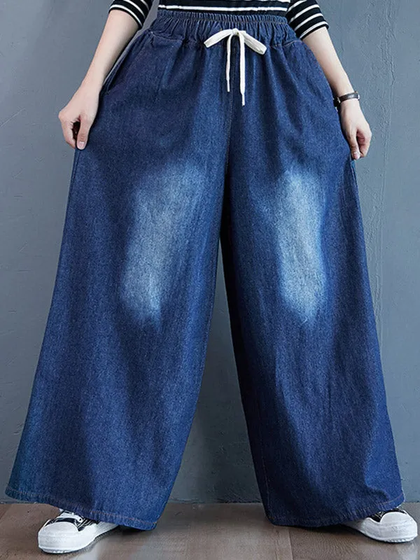 Loose Wide-Leg Drawstring Jean Pants