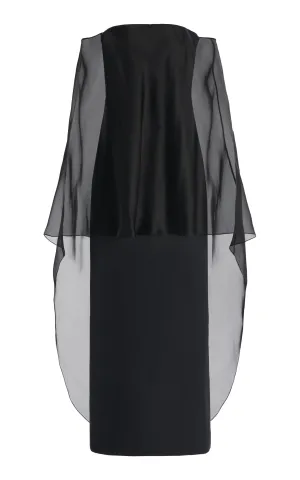 Marisha Maxi Dress in Black Textured Linen with Silk Organza Sheer Cape