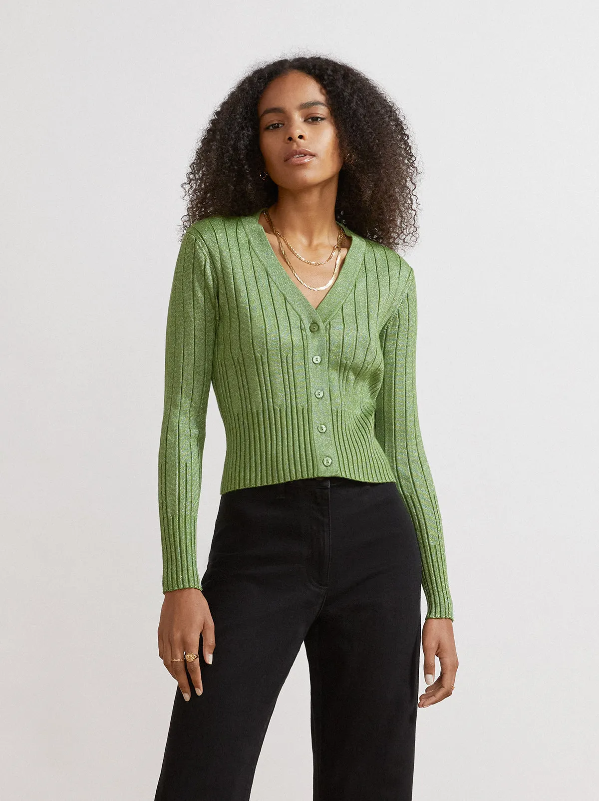 Maryam Green Lurex V-Neck Knit Cardigan