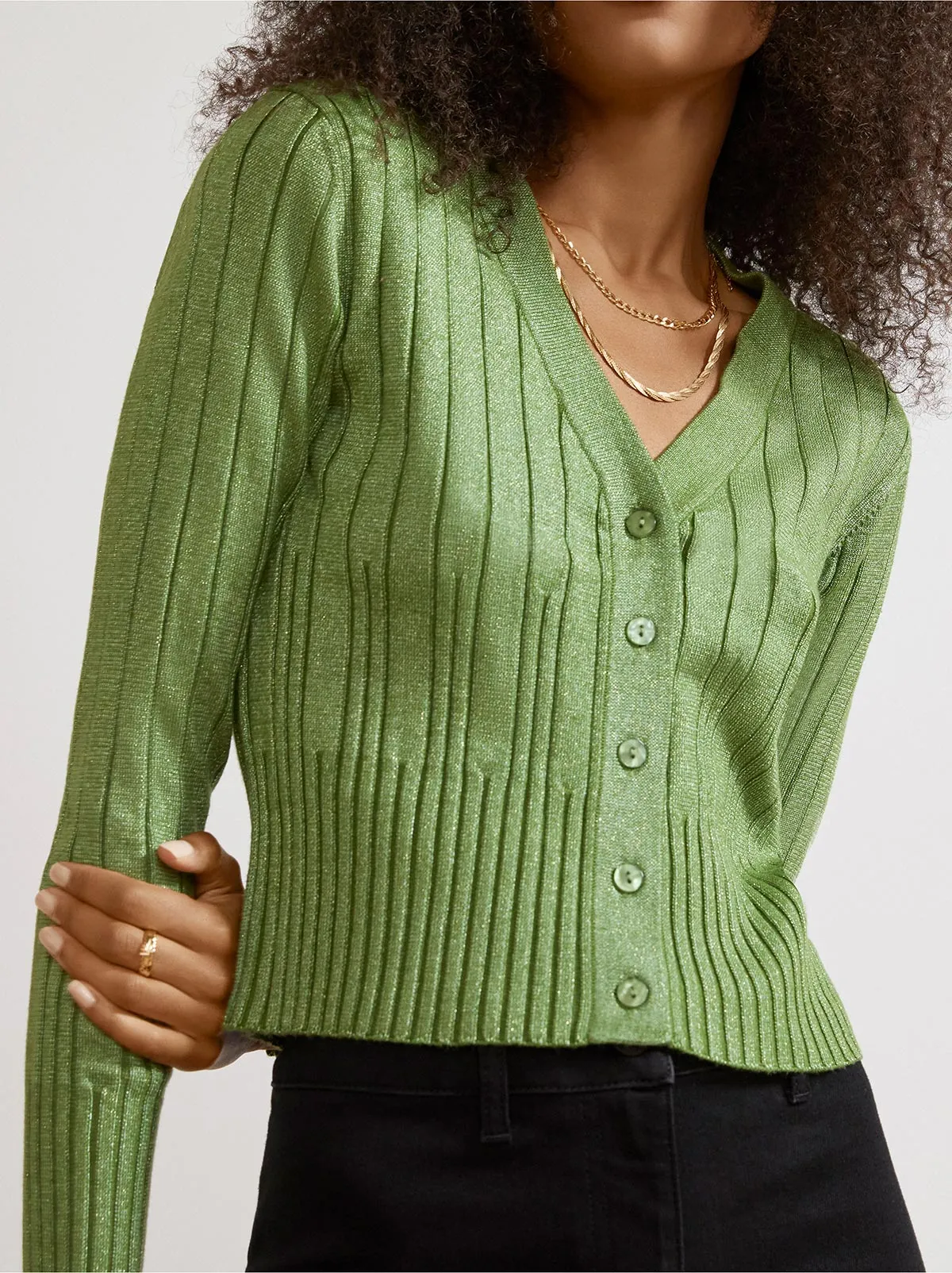 Maryam Green Lurex V-Neck Knit Cardigan