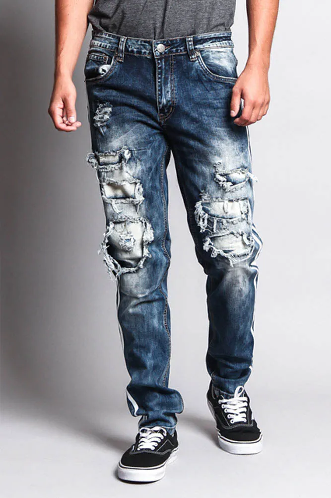 Men's Distressed Double Striped Skinny Jeans