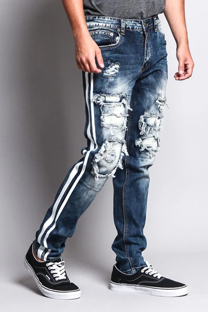 Men's Distressed Double Striped Skinny Jeans