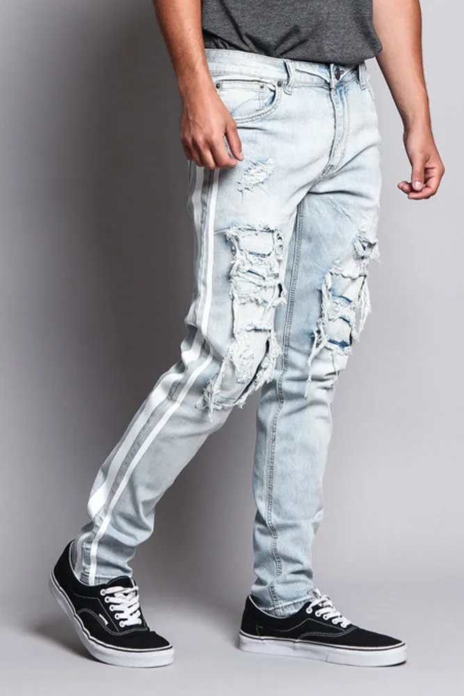 Men's Distressed Double Striped Skinny Jeans