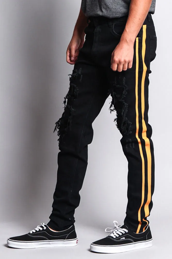 Men's Distressed Double Striped Skinny Jeans