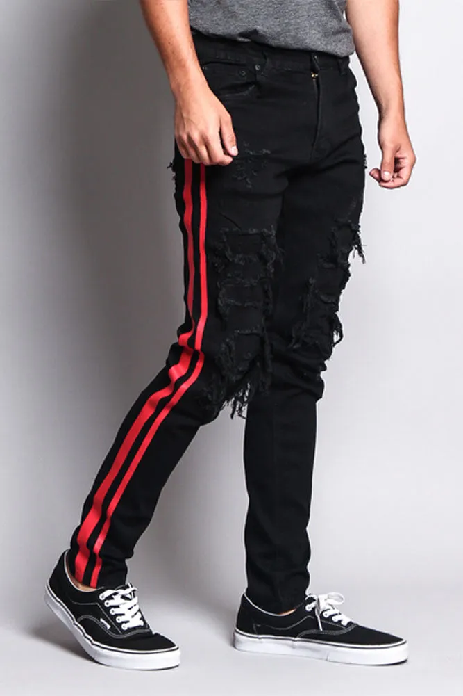 Men's Distressed Double Striped Skinny Jeans