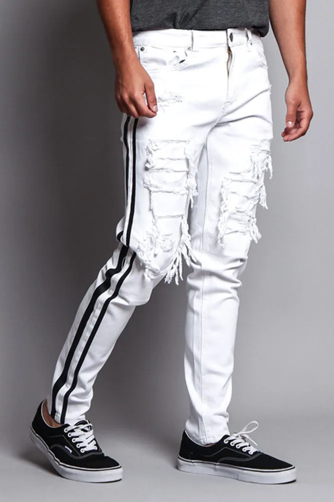 Men's Distressed Double Striped Skinny Jeans