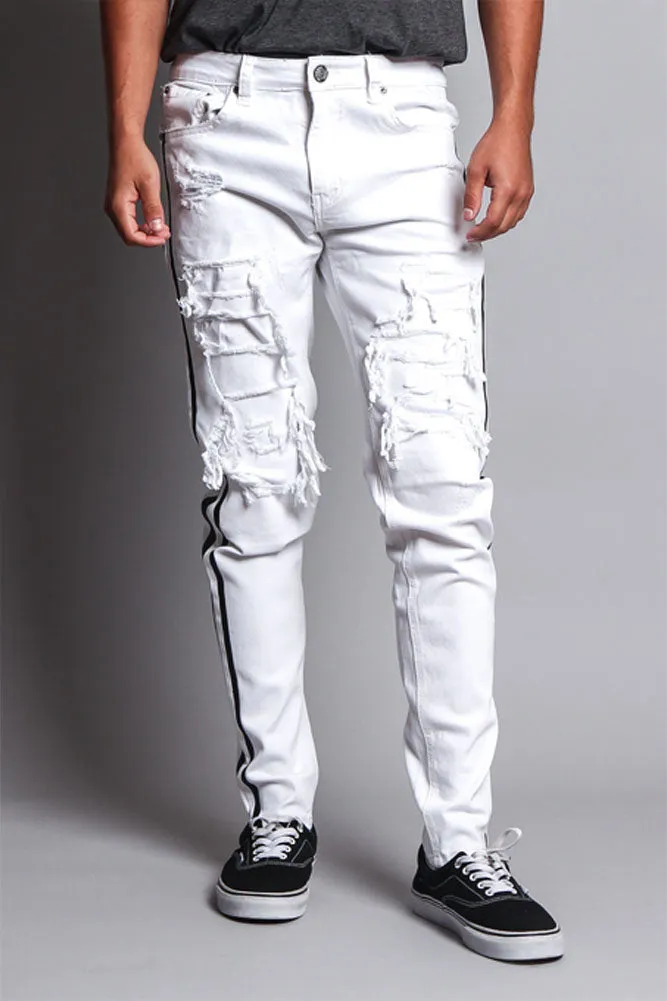 Men's Distressed Double Striped Skinny Jeans