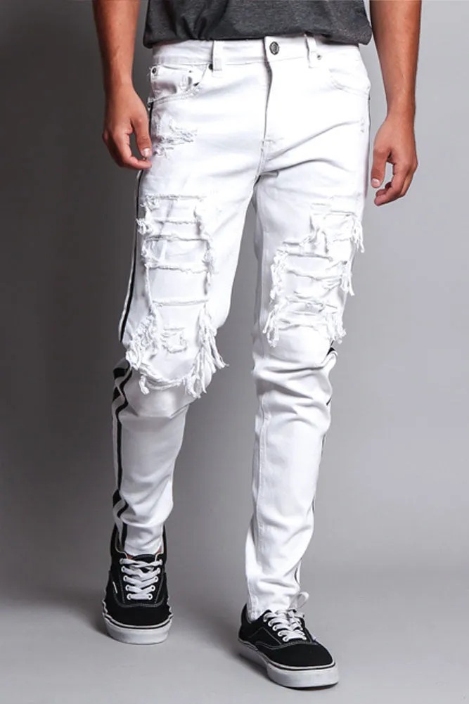 Men's Distressed Double Striped Skinny Jeans