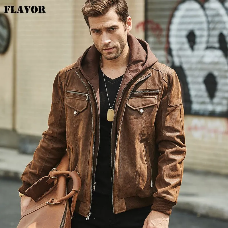 Mens Real Leather Jacket with Removable Hood - Brown Genuine Leather Warm Coat