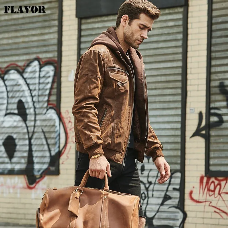 Mens Real Leather Jacket with Removable Hood - Brown Genuine Leather Warm Coat