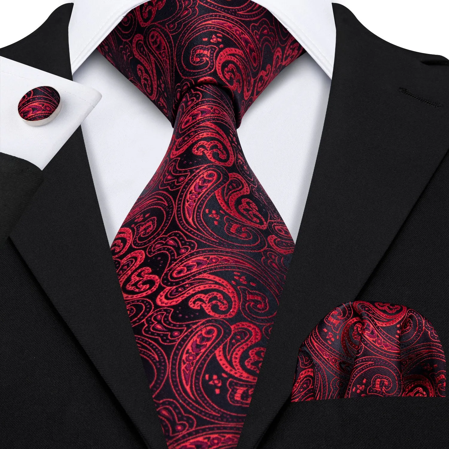 Men's Red Paisley Tie Pocket Square Cufflinks Set Gift Box Set