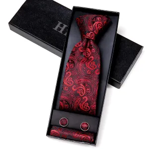 Men's Red Paisley Tie Pocket Square Cufflinks Set Gift Box Set