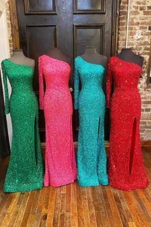 One Shoulder Long Sleeve Mermaid Sequin Long Dress