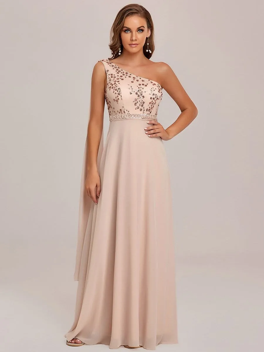 One Shoulder Sequin Cherry Blossom A-Line Evening Dress