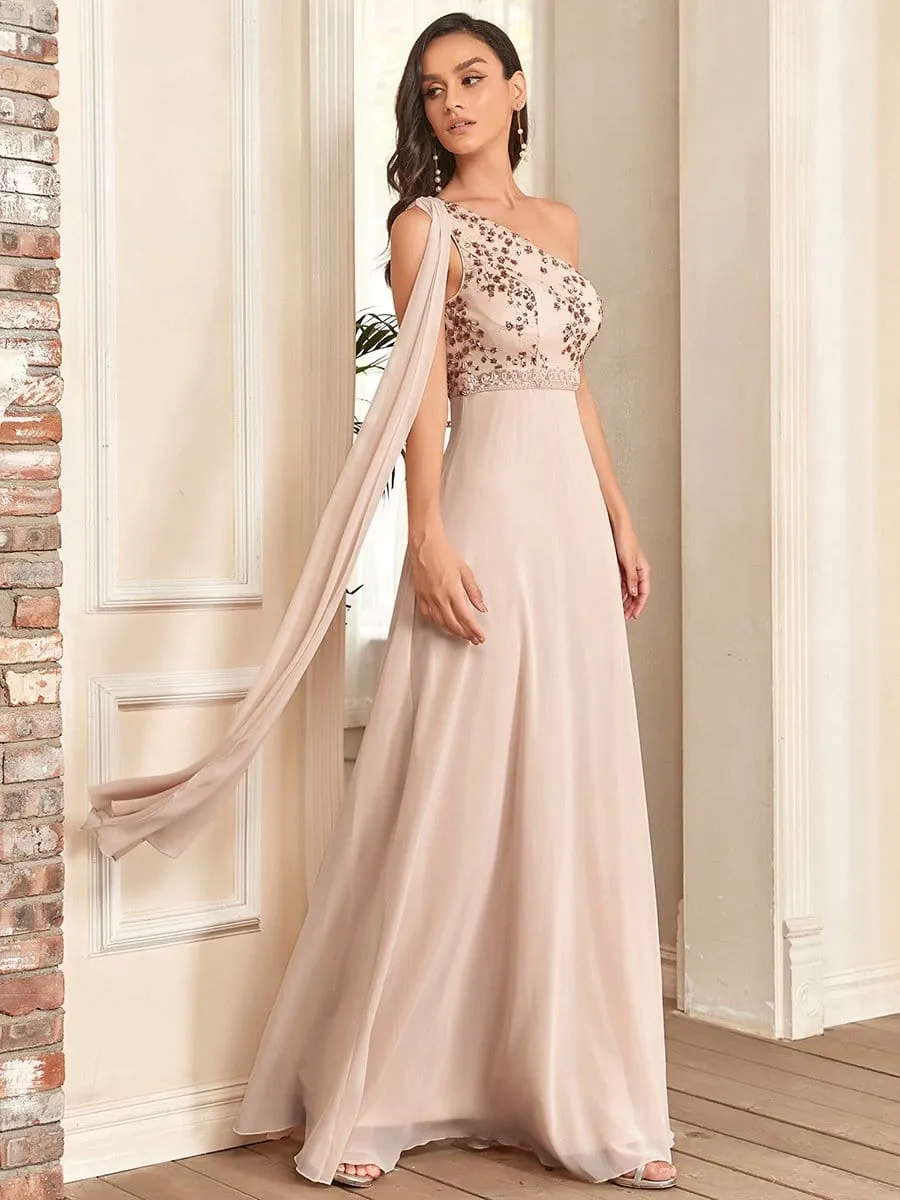 One Shoulder Sequin Cherry Blossom A-Line Evening Dress