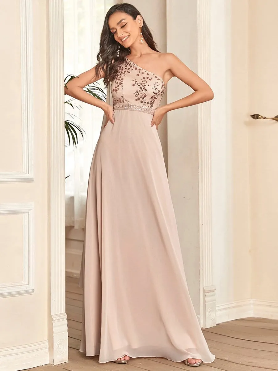 One Shoulder Sequin Cherry Blossom A-Line Evening Dress