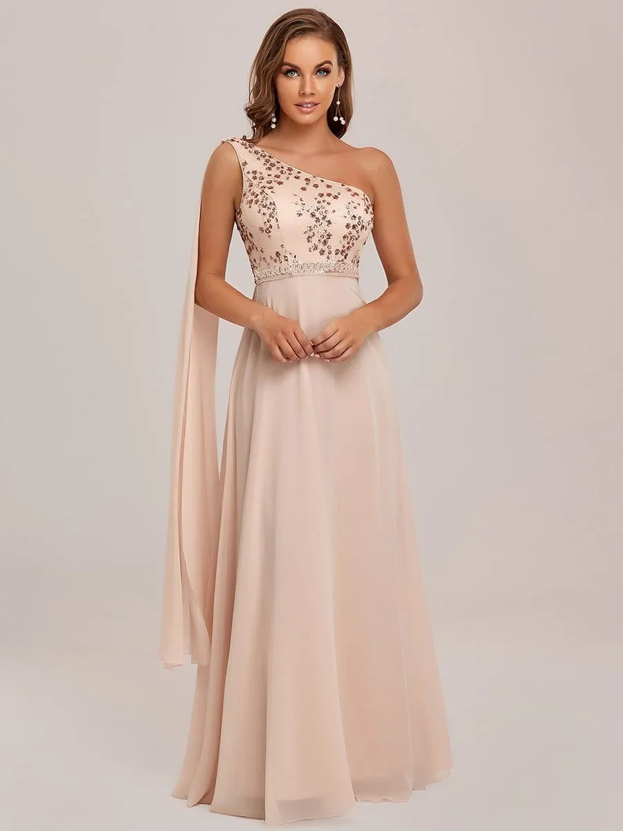 One Shoulder Sequin Cherry Blossom A-Line Evening Dress