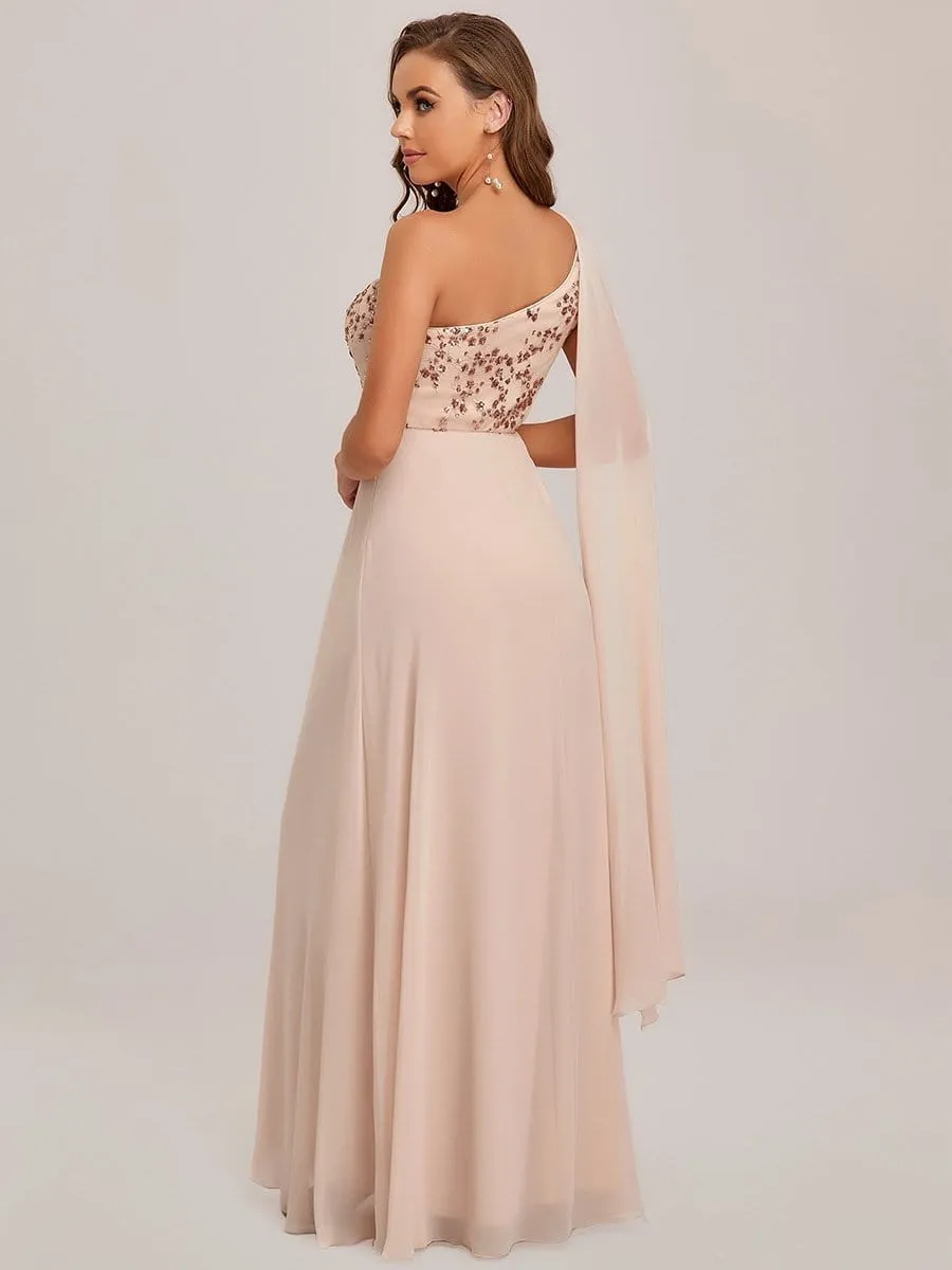 One Shoulder Sequin Cherry Blossom A-Line Evening Dress