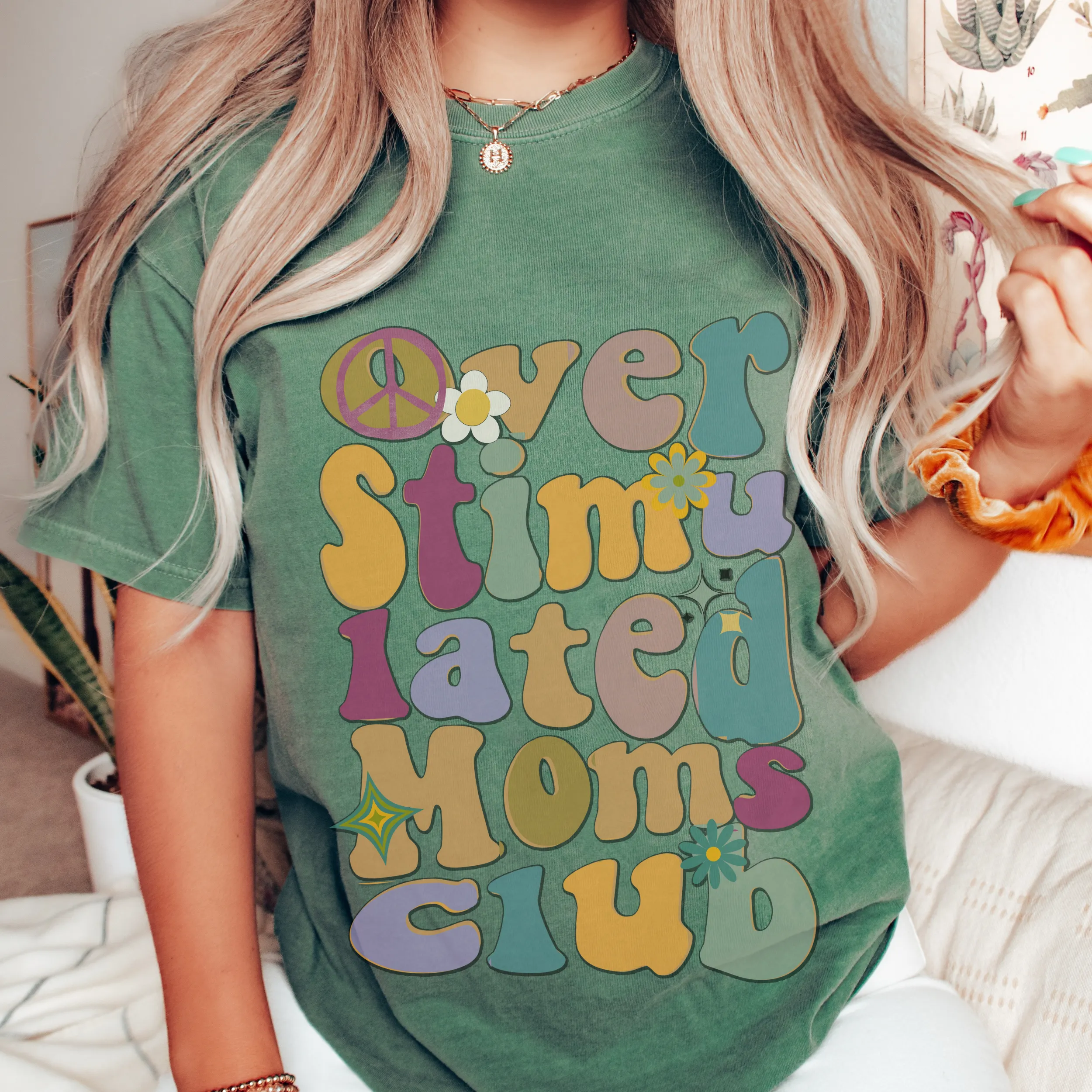 Overstimulated Moms Club, Unisex Garment-Dyed T-shirt Comfort Colors® Tee in Green, Yam, Mustard, White, Mother's Day Gift, Gift for Mom