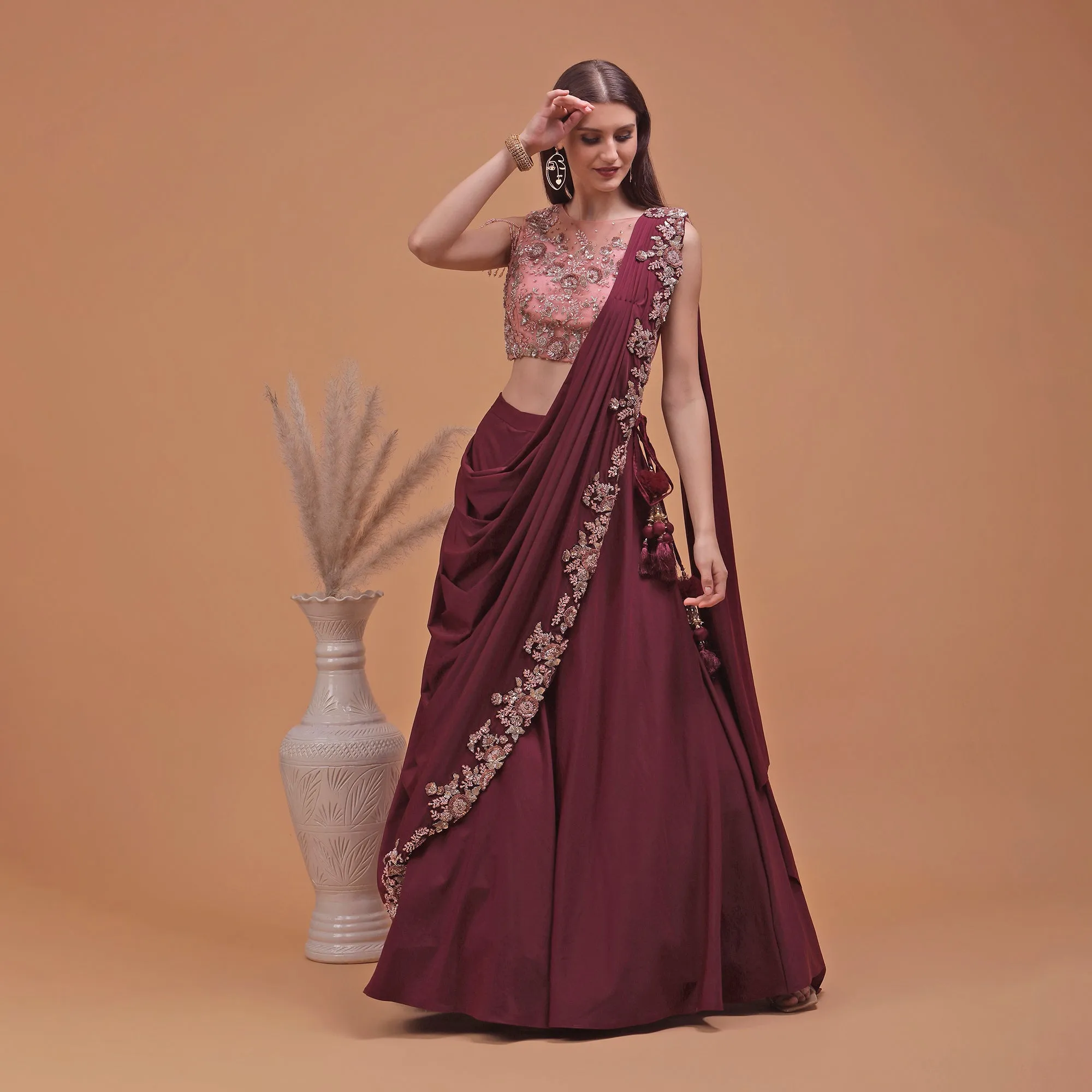 Pannkh Luxe Maroon Heavy Embroidered Blouse with Embroidered Drape Set