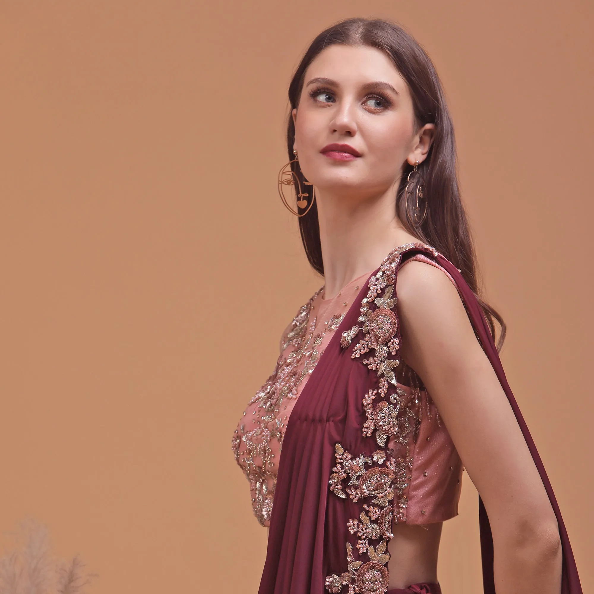 Pannkh Luxe Maroon Heavy Embroidered Blouse with Embroidered Drape Set