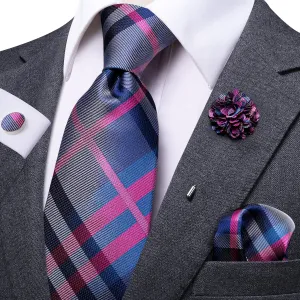 Pink Blue Grey Plaid 67 Inches Extra Long Tie Pocket Square Cufflinks Set with Brooch