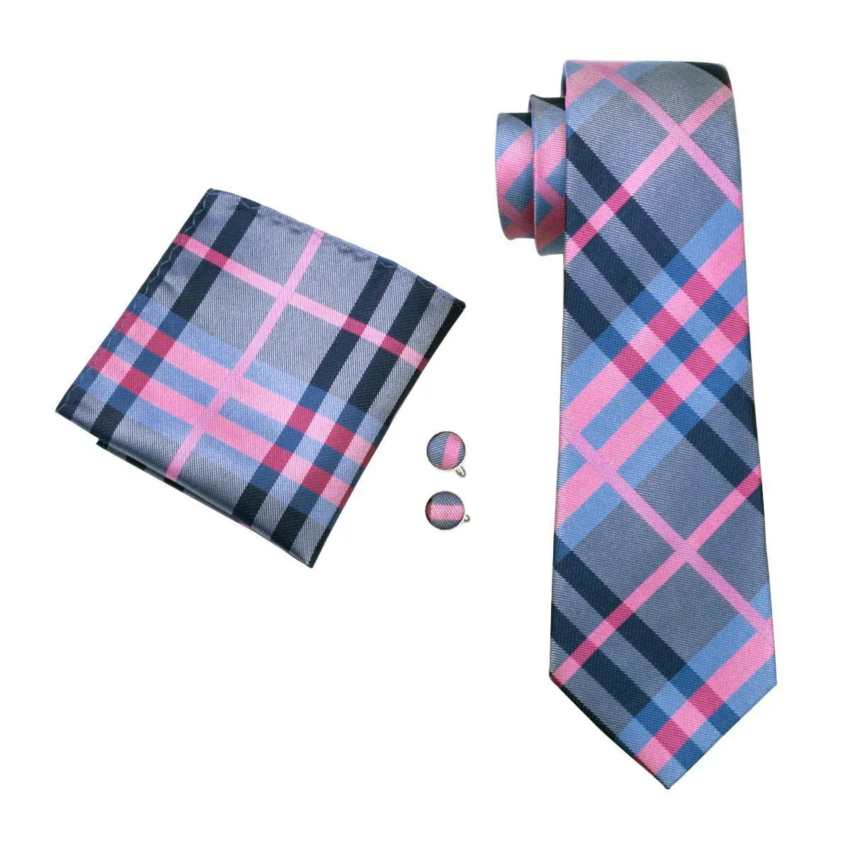 Pink Blue Grey Plaid 67 Inches Extra Long Tie Pocket Square Cufflinks Set with Brooch