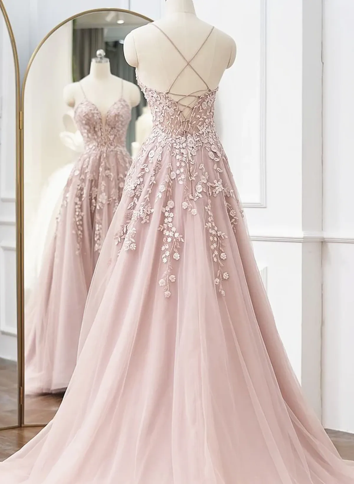 Pink Tulle With Lace Straps Long Party Dress Pink Tulle Prom Dress Evening Dress