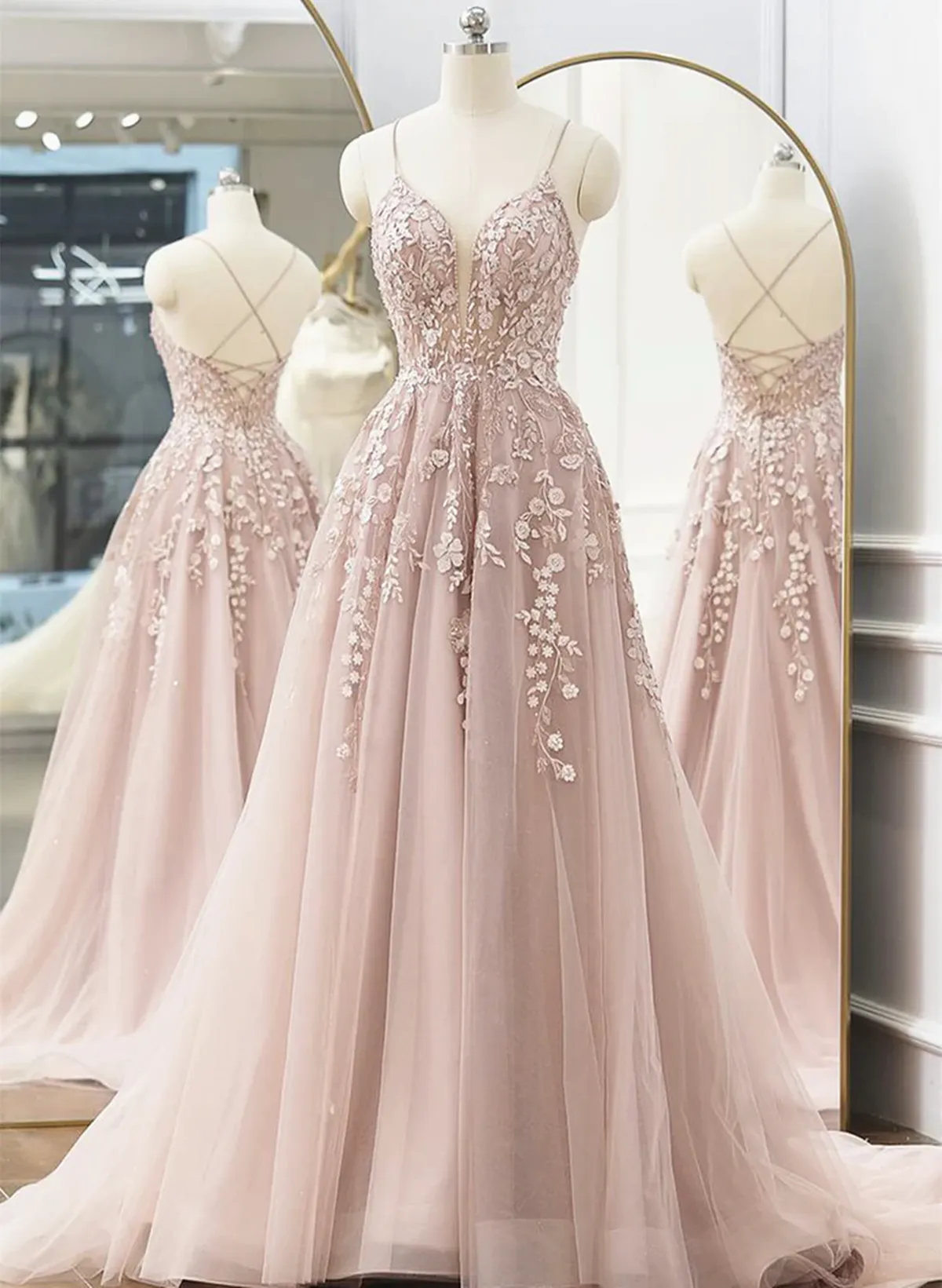 Pink Tulle With Lace Straps Long Party Dress Pink Tulle Prom Dress Evening Dress