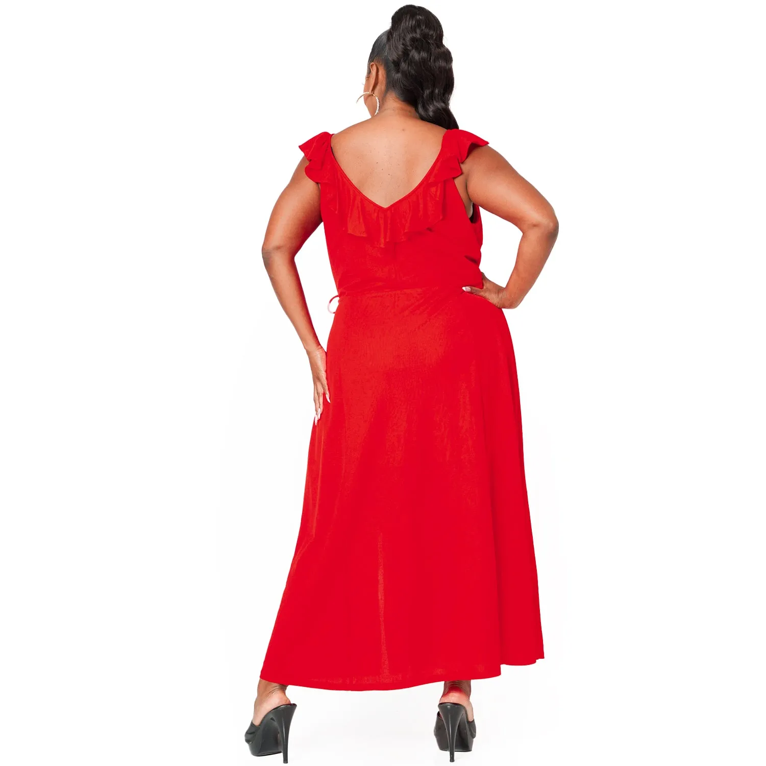 Plus Size Ruffle Trim Wrapped Maxi Dress in Red