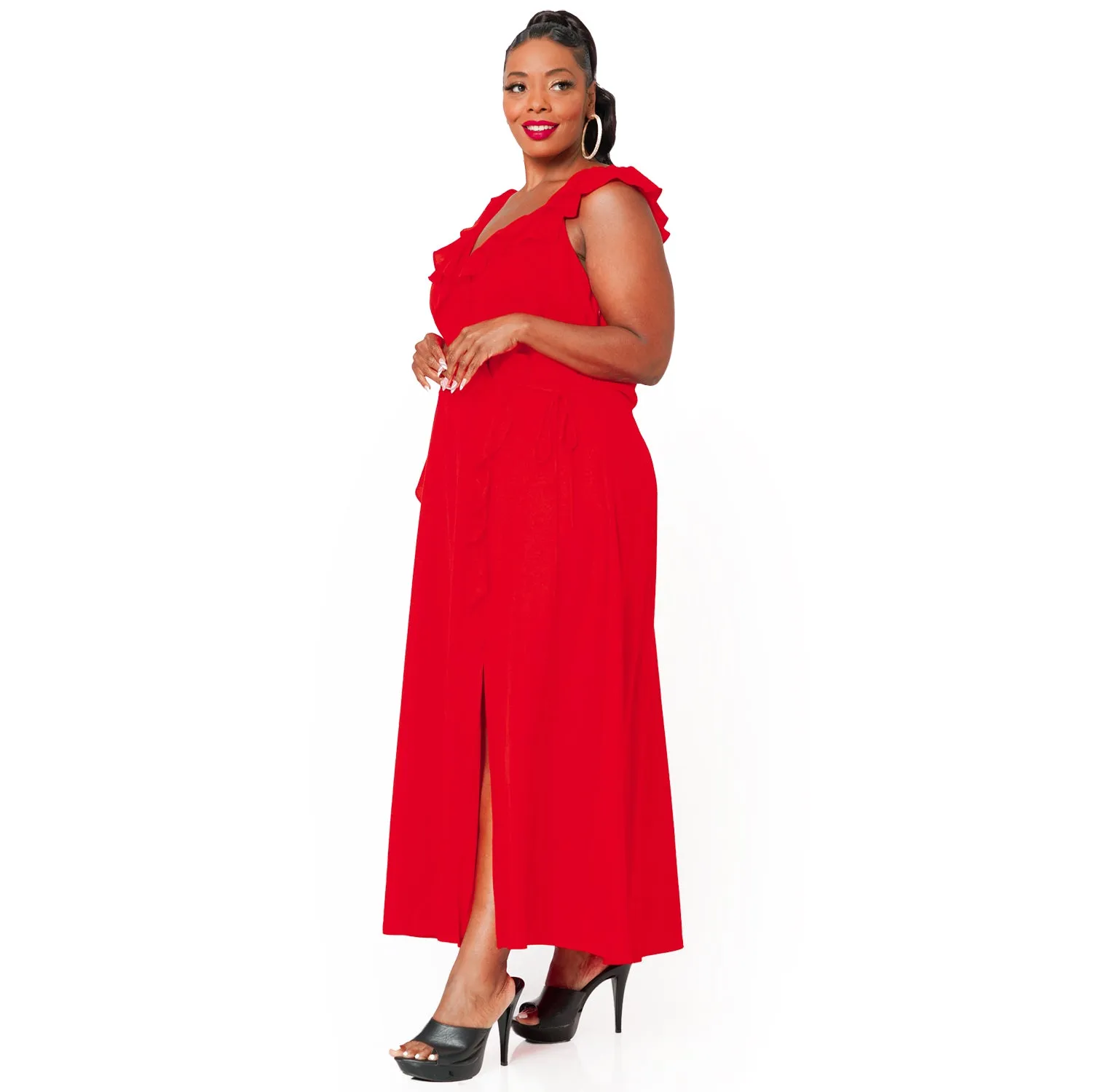 Plus Size Ruffle Trim Wrapped Maxi Dress in Red