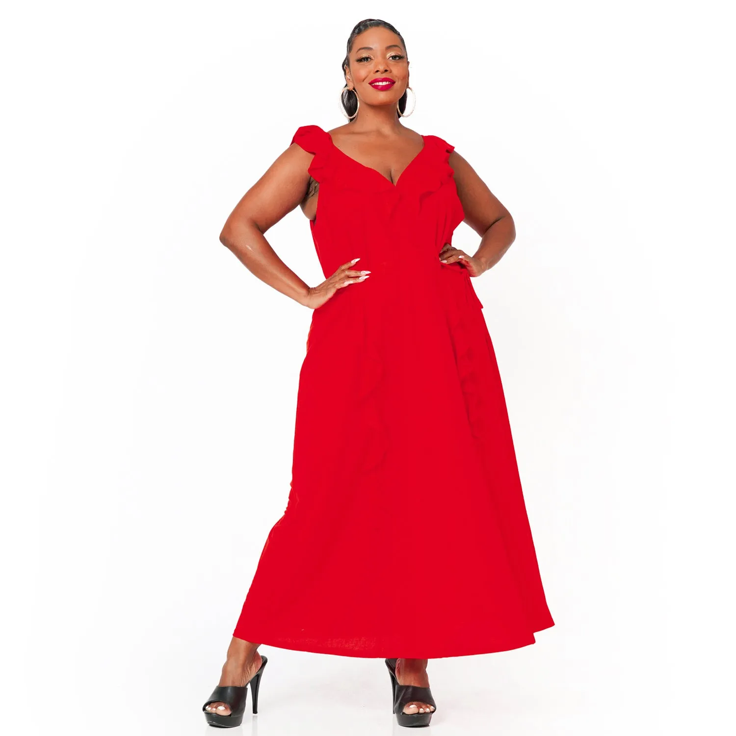 Plus Size Ruffle Trim Wrapped Maxi Dress in Red