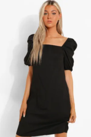 Puff Sleeved Shift Black Dress