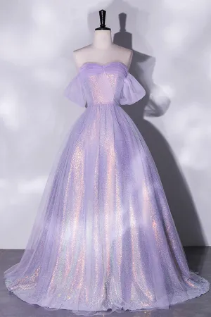 Purple Sequins Long A-Line Prom Dress, Off the Shoulder Evening Party Dress