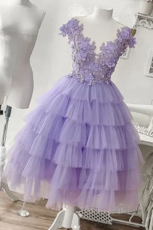 Purple tulle short prom dress purple evening dress