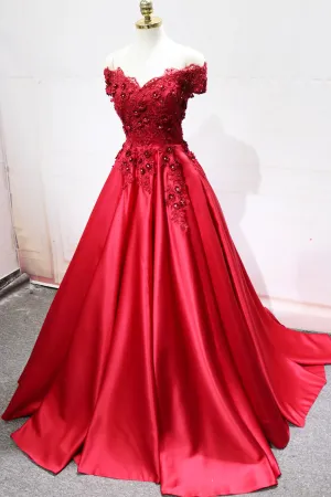 Red Satin Lace Long Prom Dress, Off Shoulder Evening Party Dress