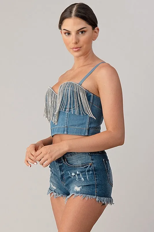 Rhinestone Denim Bustier Top