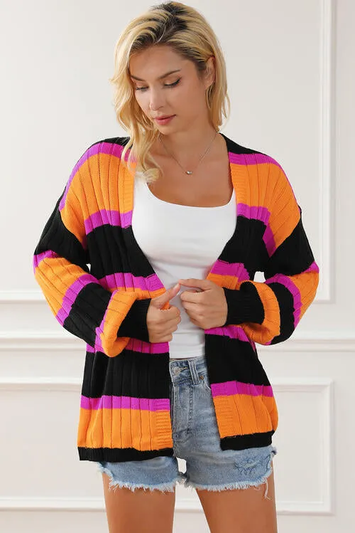 Ribbed Striped Open Front Long Sleeve Cardigan